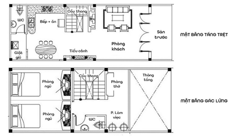 Bản vẽ nhà gác lửng 5x12 2 phòng ngủ đầy đủ tiện nghi
