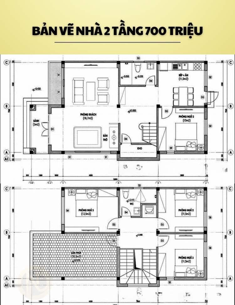 Bản vẽ nhà 2 tầng đẹp giá 700 triệu đầy đủ công năng, tiết kiệm chi phí