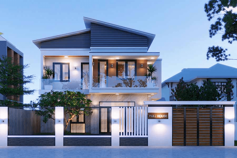 Mẫu nhà 2 tầng thiết kế mái lệch độc đáo
